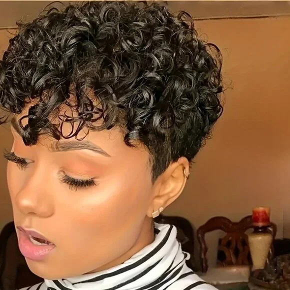 Short Curly Pixie Cut Wigs with Bangs Human Hair for Black Women Non Lace Full M